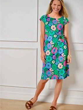 Talbots Large Effortless Jersey green & blue floral cap sleeve tie waist dress